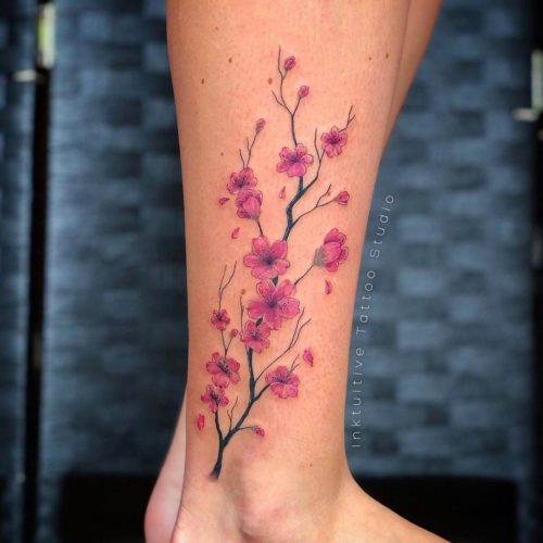 Tattoo tagged with ankle cherry blossom facebook fine line flower  four season hyoa line art nature single needle small spring twitter   inkedappcom